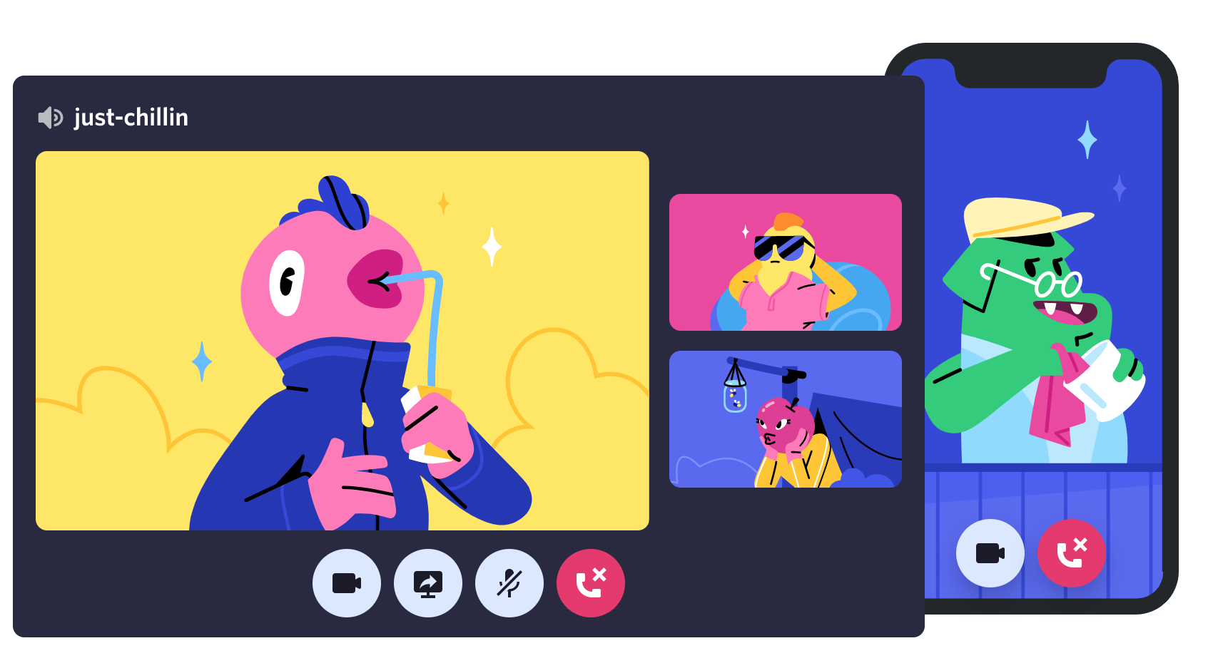 Animated characters talking over Discord video chat
