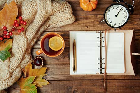 notepad and clock autumn theme